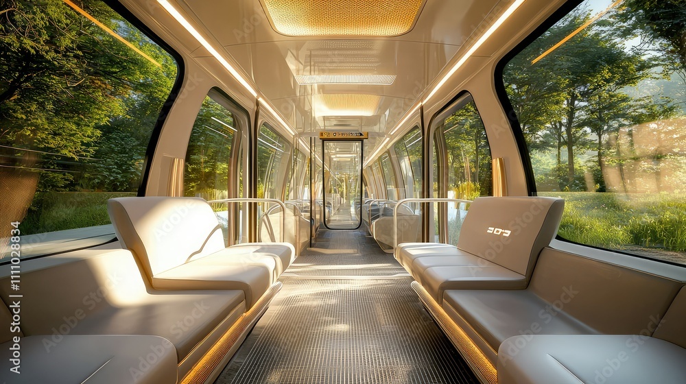 Fototapeta premium Modern Interior of a Futuristic Train with Spacious Seating Surrounded by Large Windows Showcasing Natural Landscape and Bright Lighting