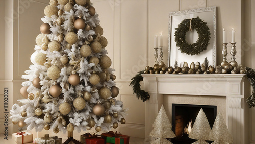 A stylish Christmas tree shape filled with shimmering baubles on a soft beige background, capturing a festive and elegant holiday feeling