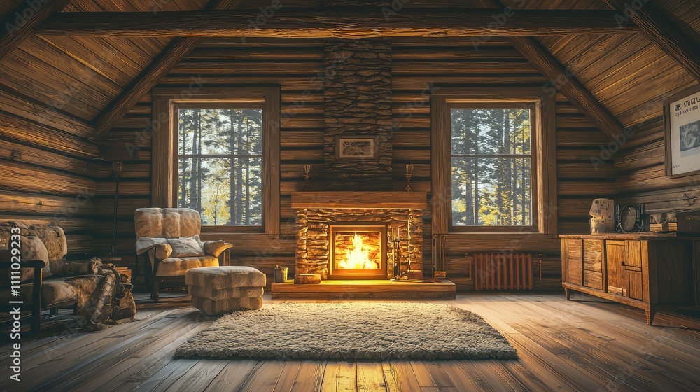 Cozy and Inviting Interior of a Rustic Cabin with Stone Fireplace Surrounded by Wooden Walls, Soft Lighting, and Comfortable Seating in a Peaceful Setting Cozy and Inviting Interior of a Rustic Cabin with Stone Fireplace Surrounded by Wooden Walls, Soft Lighting, and Comfortable Seating in a Peaceful Setting