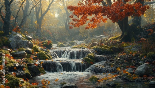 Serene Autumn Landscape with Flowing Stream, Colorful Foliage, and Gentle Waterfalls in an Enchanted Forest at Dawn