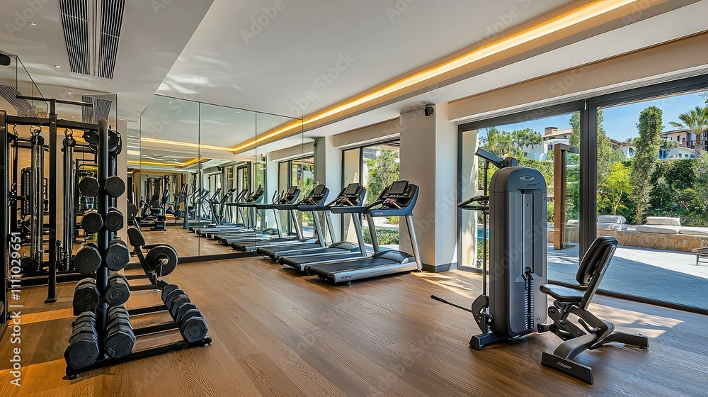 Fototapeta premium Modern and Bright Gym Interior Featuring Exercise Equipment, Treadmills, Weights, and Mirrors with Natural Light in a Luxury Fitness Space