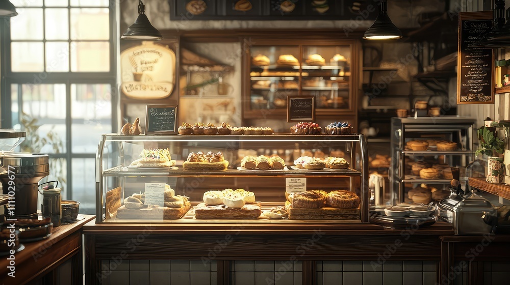 Cozy and Inviting Bakery with Fresh Pastries Displayed Behind Glass, Warm Lighting and Rustic Decor Create a Welcoming Atmosphere for Customers Cozy and Inviting Bakery with Fresh Pastries Displayed Behind Glass, Warm Lighting and Rustic Decor Create a Welcoming Atmosphere for Customers