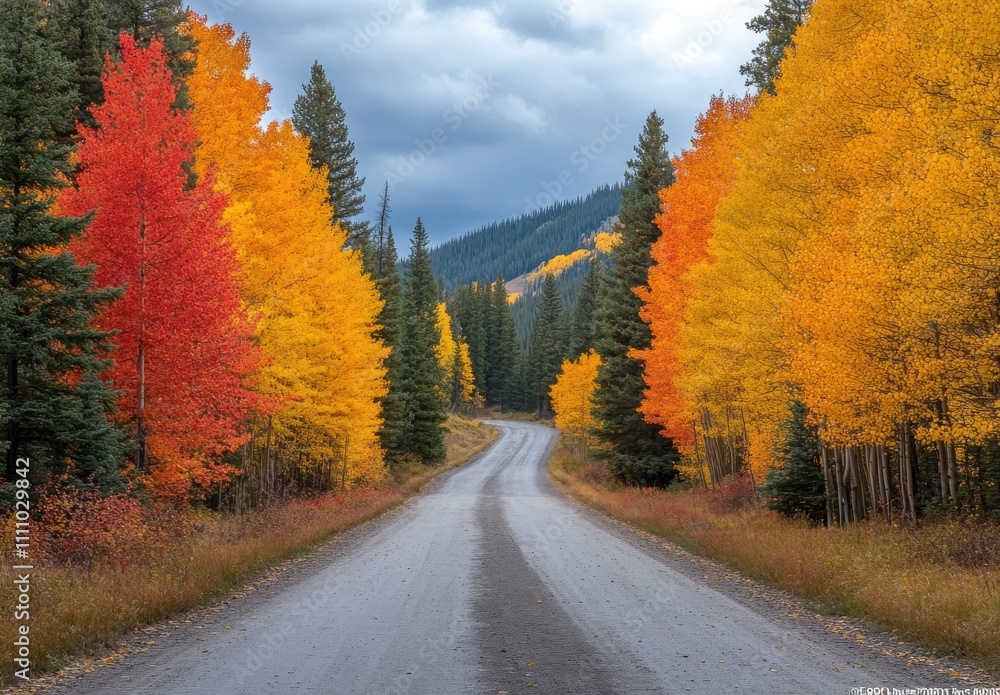 Serene Autumn Landscape with Vibrant Fall Foliage on a Winding Dirt Road Surrounded by Majestic Trees and Hilltops Under a Dramatic Sky Serene Autumn Landscape with Vibrant Fall Foliage on a Winding Dirt Road Surrounded by Majestic Trees and Hilltops Under a Dramatic Sky