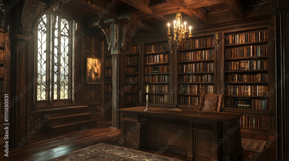 Elegant Fusion: Modern-Medieval Home Office with Wooden Desk, Leather-Bound Books, and Contemporary Art - Ultra-Detailed Interior Design Concept Elegant Fusion: Modern-Medieval Home Office with Wooden Desk, Leather-Bound Books, and Contemporary Art - Ultra-Detailed Interior Design Concept