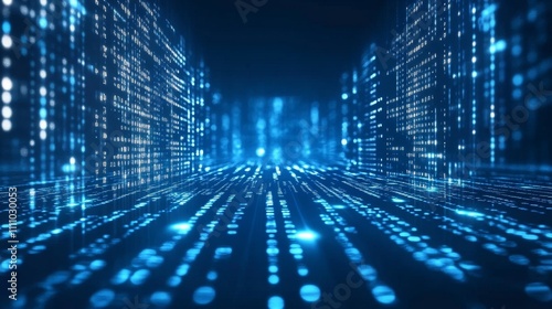 A digital landscape featuring glowing lines and dots  representing technology and data flow.