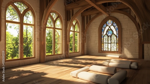 Modern-Medieval Fusion  Serene Meditation Room with Soft Cushions and Stained Glass Windows