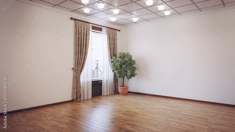 Obraz premium A living room with a couch, a table, and a plant in the corner and interior design concept.