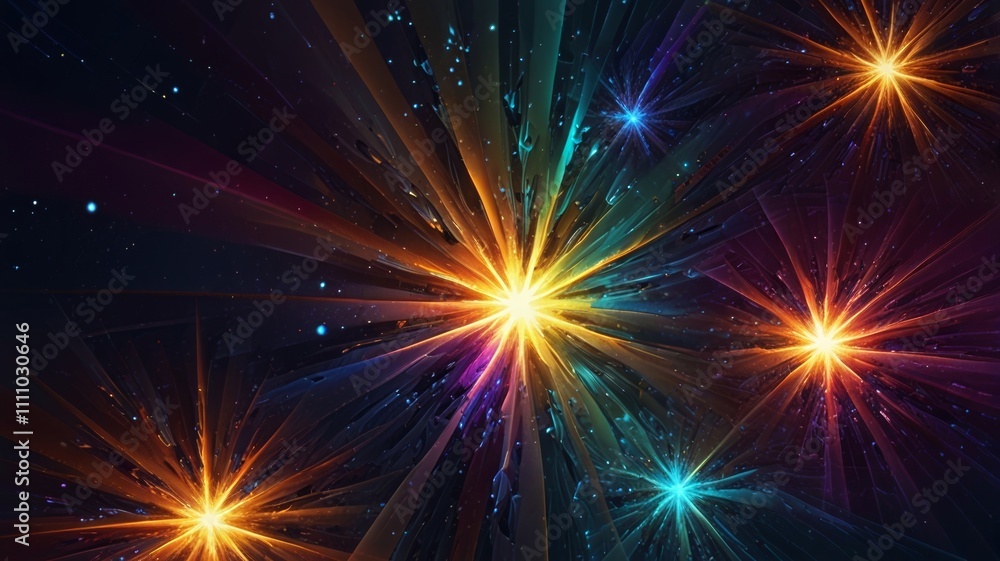 A vibrant display of cosmic stars radiates colorful beams against a dark backdrop, creating a mesmerizing visual effect full of energy and depth in a cosmic theme A vibrant display of cosmic stars radiates colorful beams against a dark backdrop, creating a mesmerizing visual effect full of energy and depth in a cosmic theme