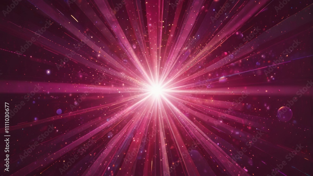 A dazzling burst of light radiates from the center, surrounded by vibrant pink and purple beams, creating an enchanting cosmic effect with shimmering particles. A dazzling burst of light radiates from the center, surrounded by vibrant pink and purple beams, creating an enchanting cosmic effect with shimmering particles.