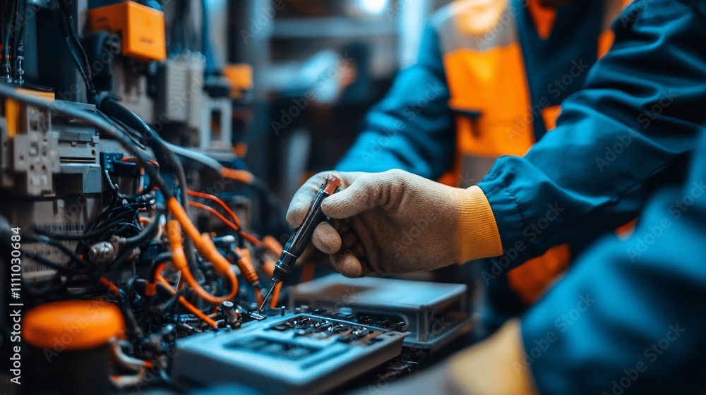 Technician inspecting complex electrical system. Technician inspecting complex electrical system.