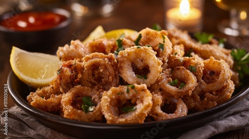 Photo of, A platter of crispy calamari served with marinara sauce and lemon wedges, Calamari arranged