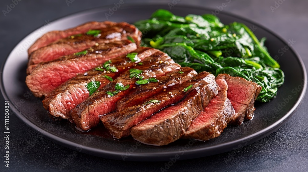 A plate featuring sliced steak alongside sautéed spinach, showcasing a delicious meal. A plate featuring sliced steak alongside sautéed spinach, showcasing a delicious meal.