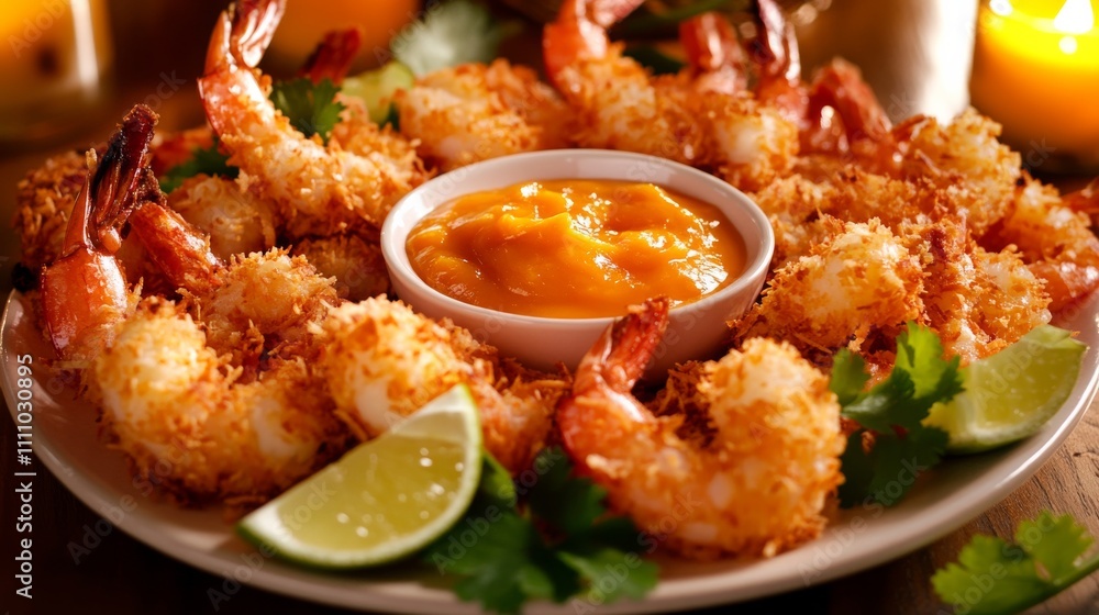 Photo of, A platter of crispy coconut shrimp served with a tangy mango dipping sauce and lime wedges, Coconut shrimp platter centered Photo of, A platter of crispy coconut shrimp served with a tangy mango dipping sauce and lime wedges, Coconut shrimp platter centered