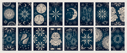 Tarot cards. Magic sun moon, mythic witch symbols. Vintage spiritual graphic astrology or esoteric posters. Hand drawn ornamental symbols. Occultism bohemian poster. Vector illustration