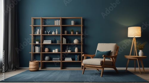 A serene living room with a dark blue wall features a wooden bookshelf  a cozy beige armchair with a teal cushion  and a stylish floor lamp  creating a tranquil and inviting space