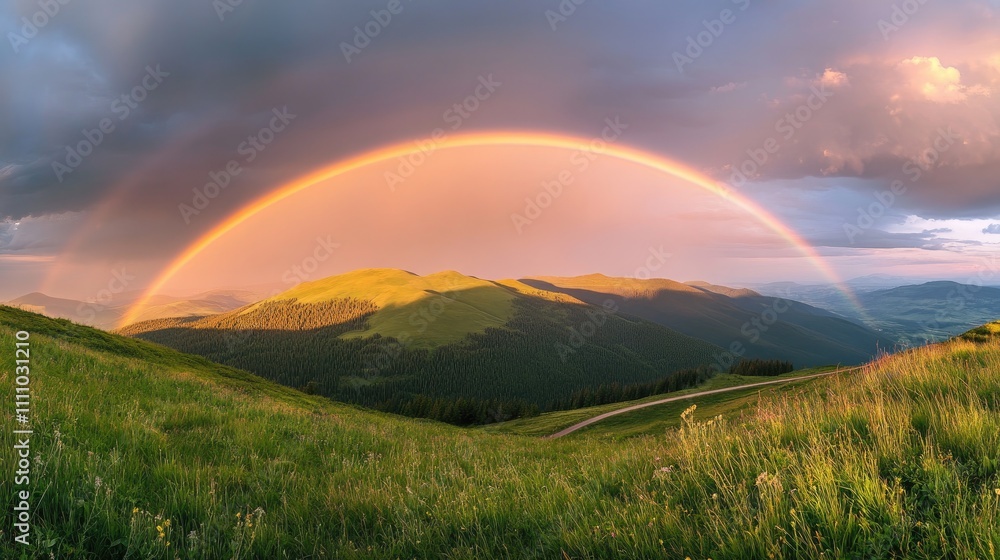 Amazing scene in summer mountains. Lush green grassy meadows in fantastic evening sunlight. Rural road and beautyful rainbow in dramatic sky. Landscape photography Amazing scene in summer mountains. Lush green grassy meadows in fantastic evening sunlight. Rural road and beautyful rainbow in dramatic sky. Landscape photography