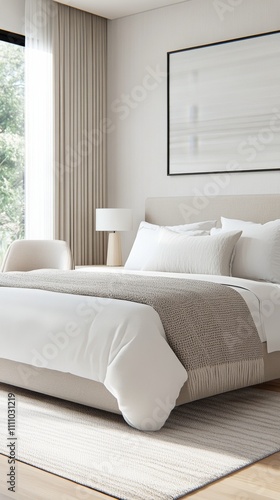 Cozy and modern bedroom design featuring neutral tones and gentle lighting