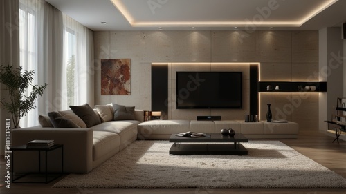 A contemporary living room features a large sectional couch  a black coffee table  and stylish decor elements  illuminated by natural light  creating a modern ambiance