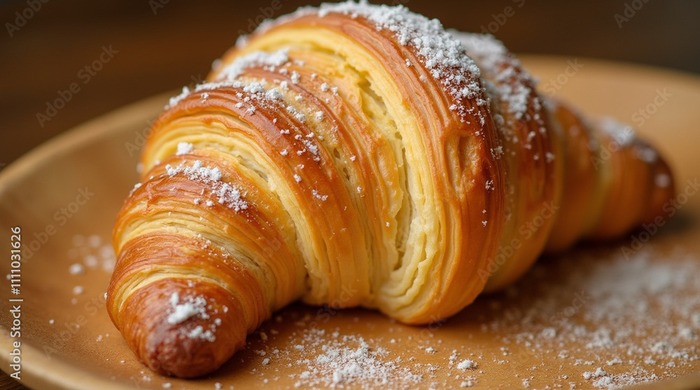 A freshly baked croissant with a golden, flaky crust, perfectly layered and buttery. It rests on a wooden plate, with a light dusting of flour, and the warm, soft interior slightly visible. A freshly baked croissant with a golden, flaky crust, perfectly layered and buttery. It rests on a wooden plate, with a light dusting of flour, and the warm, soft interior slightly visible.