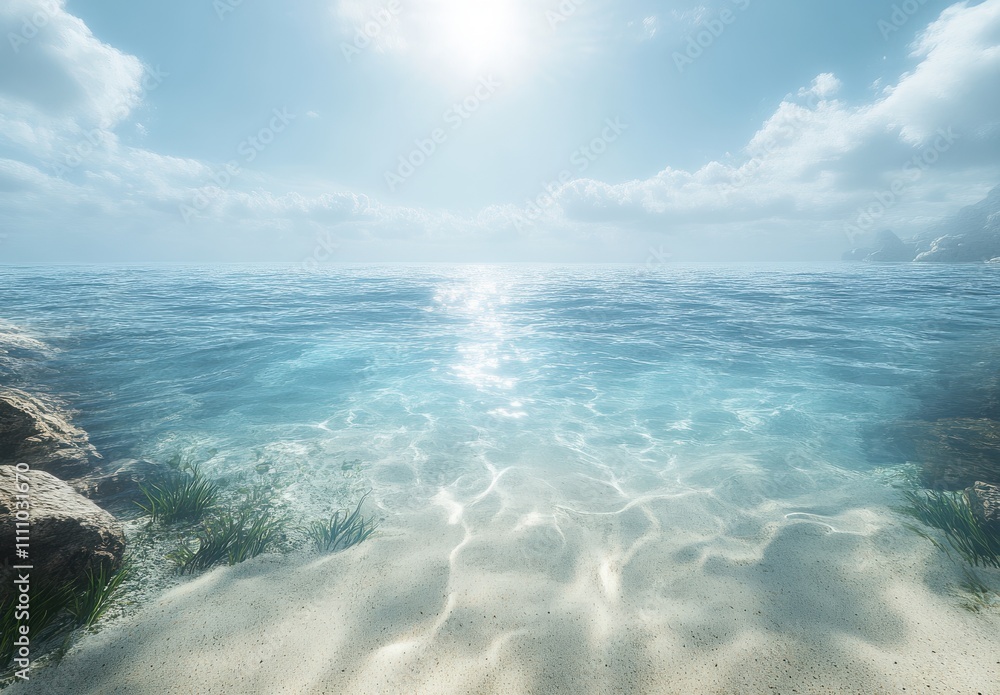 Serene Coastal View with Crystal Clear Waters and Bright Sky, Inviting Tranquility and Natural Beauty in a Peaceful Seaside Landscape Serene Coastal View with Crystal Clear Waters and Bright Sky, Inviting Tranquility and Natural Beauty in a Peaceful Seaside Landscape