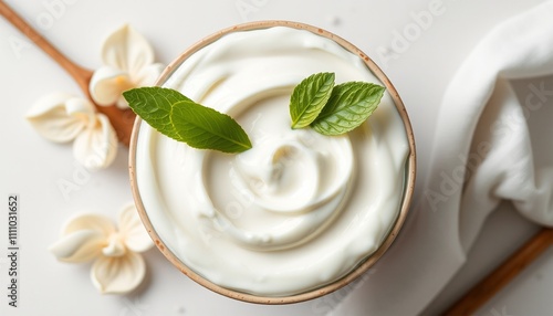 A bowl of creamy vanilla ice cream topped with fresh mint and a dollop of whipped cream, a refreshing and delicious dairy dessert photo