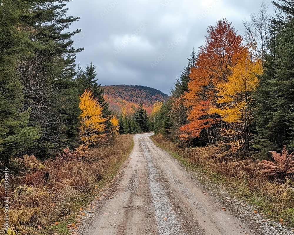 Serene Country Road Surrounded by Vibrant Autumn Foliage in a Scenic Forest Landscape with Dramatic Cloudy Sky Serene Country Road Surrounded by Vibrant Autumn Foliage in a Scenic Forest Landscape with Dramatic Cloudy Sky