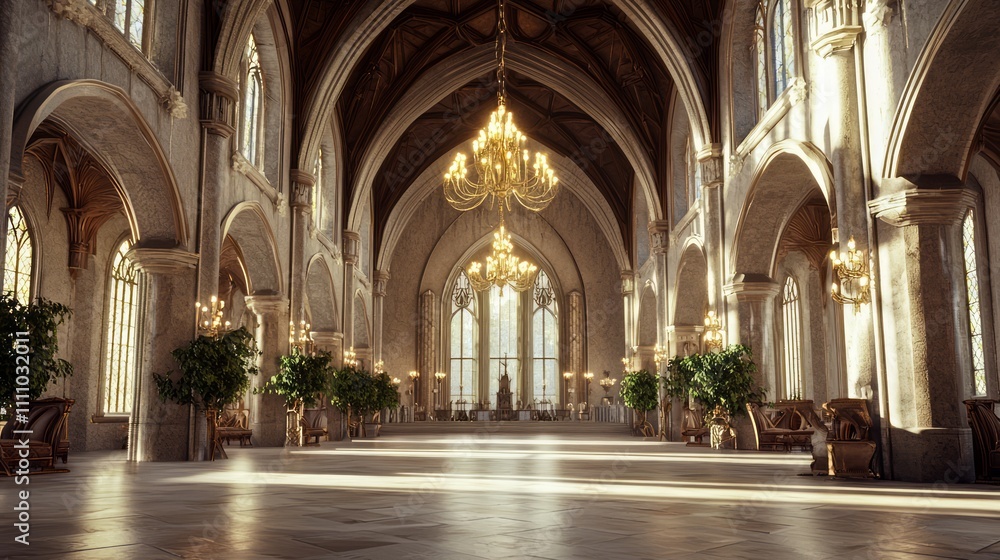 Fototapeta premium Luxurious Modern-Medieval Grand Ballroom with High Ceilings and Elegant Decor, Perfect for Events and Gatherings