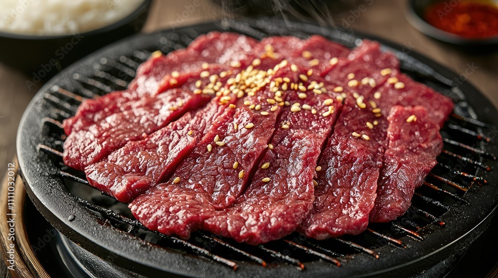 Sizzling Thinly Sliced Raw Beef Marinated with Sesame Seeds Ready for Grilling on a Hot Stone Plate with Aroma Rising in a Restaurant Setting Sizzling Thinly Sliced Raw Beef Marinated with Sesame Seeds Ready for Grilling on a Hot Stone Plate with Aroma Rising in a Restaurant Setting