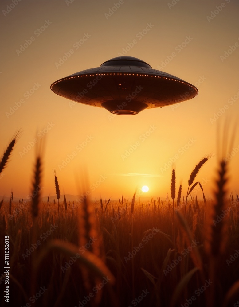 Flying saucer hovering over a wheat field at sunset, warm tones, cinematic style, mysterious atmosphere Flying saucer hovering over a wheat field at sunset, warm tones, cinematic style, mysterious atmosphere