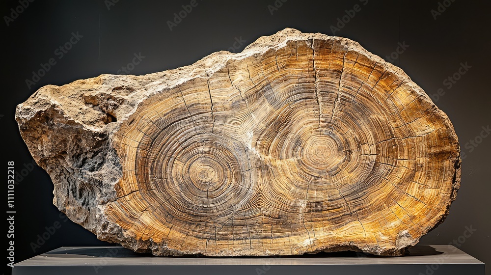 Obraz premium Stunning Cross-Section of a Petrified Wood Log Showcasing Rich Patterns and Textures, Ideal for Natural History Displays and Artistic Inspirations in Nature Photography