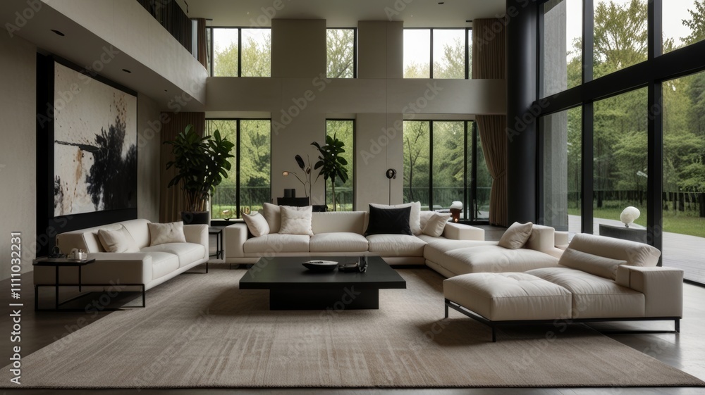 This stylish lounge presents a large white sectional sofa, soft pillows, and a sleek black coffee table, accented by natural light and greenery from outside This stylish lounge presents a large white sectional sofa, soft pillows, and a sleek black coffee table, accented by natural light and greenery from outside