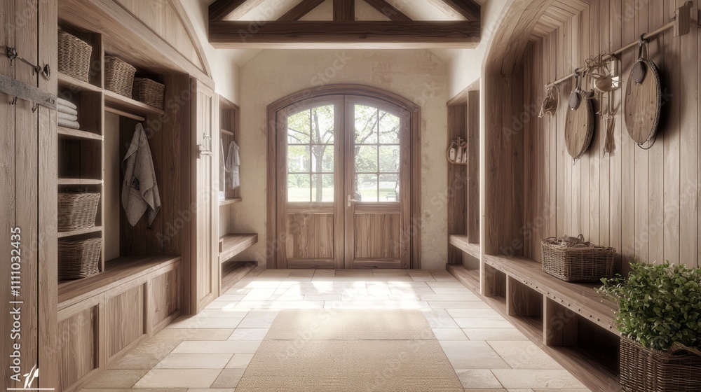 Fusion of Modern-Medieval Design in Stylish Mudroom with Rustic Wooden Accents | Ultra-Detailed Interior Image Blending Functionality and Charm Fusion of Modern-Medieval Design in Stylish Mudroom with Rustic Wooden Accents | Ultra-Detailed Interior Image Blending Functionality and Charm