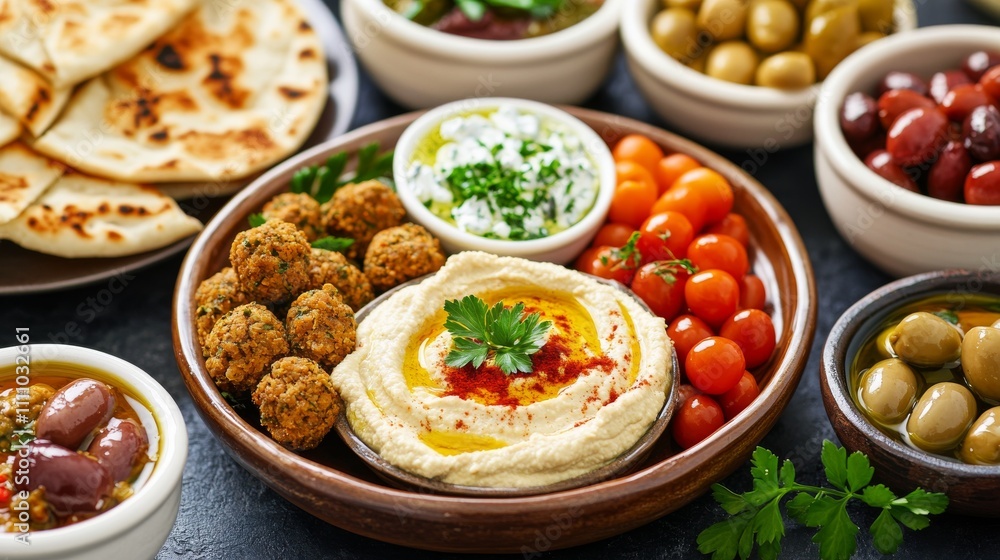Photo of, A platter of Mediterranean mezze including hummus, falafel Photo of, A platter of Mediterranean mezze including hummus, falafel