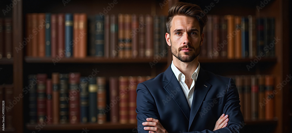 Business executive standing confidently in a professional library setting Business executive standing confidently in a professional library setting