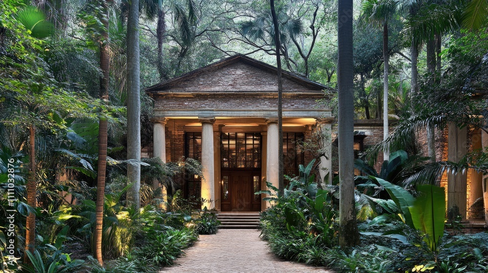 Elegant Neoclassical Building Surrounded by Lush Tropical Landscape Elegant Neoclassical Building Surrounded by Lush Tropical Landscape