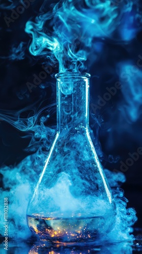 A captivating glass laboratory flask filled with a shimmering blue liquid, releasing ethereal smoke, perfect for scientific and creative imagery in various projects.