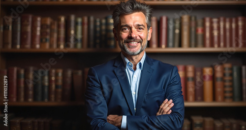 Confident business executive in formal attire with library bookshelf background