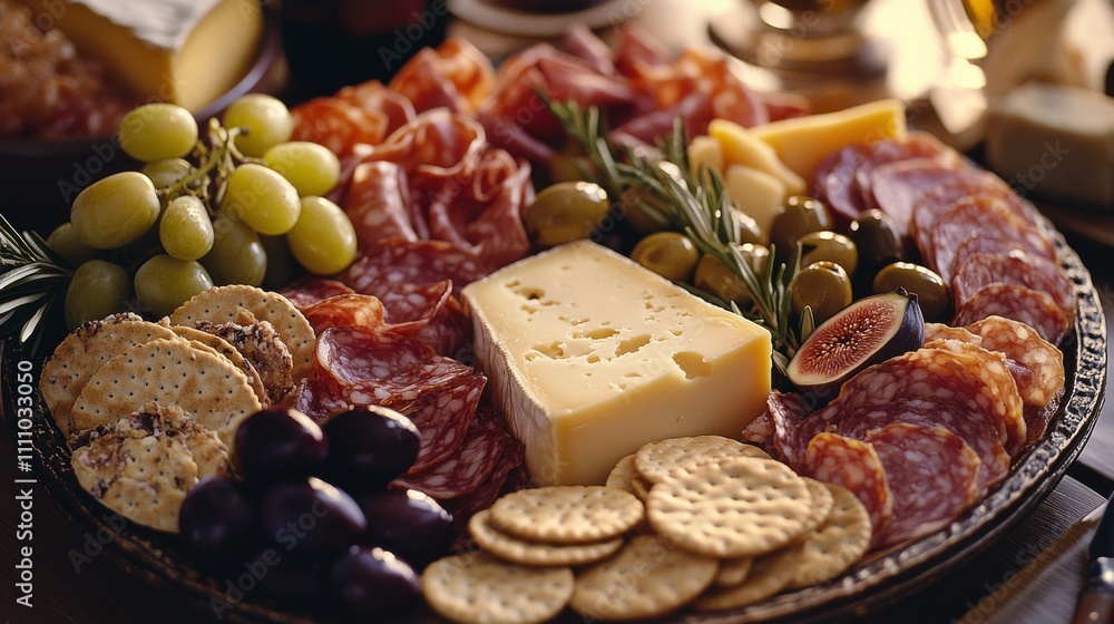 Photo of, A platter of savory cheese and charcuterie featuring a variety of cheeses, cured meats Photo of, A platter of savory cheese and charcuterie featuring a variety of cheeses, cured meats