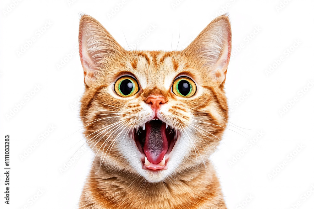 A surprised orange tabby cat with bright green eyes and an open mouth, captured against a white background, ideal for expressive or humorous pet-themed content A surprised orange tabby cat with bright green eyes and an open mouth, captured against a white background, ideal for expressive or humorous pet-themed content