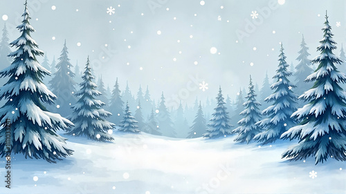 Snowy forest landscape with pine trees and a serene winter atmosphere