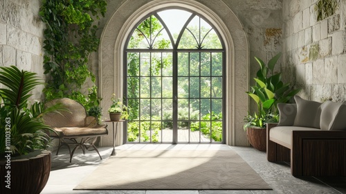 Tranquil Fusion  Modern-Medieval Garden Room with Peaceful Indoor-Outdoor Atmosphere