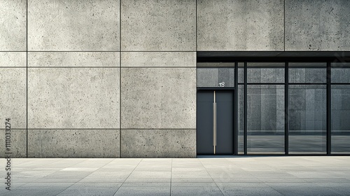Contemporary Minimalist Architectural Facade with Glass Doors  Concrete Wall Patterns in Urban Environment Featuring Clean Lines and Modern Design Elements