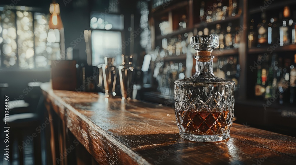Elegant Crystal Decanter with Rich Amber Liquor on a Rustic Wooden Bar Inside a Cozy and Ambient Whisky Lounge Surrounded by Various Bottles Elegant Crystal Decanter with Rich Amber Liquor on a Rustic Wooden Bar Inside a Cozy and Ambient Whisky Lounge Surrounded by Various Bottles