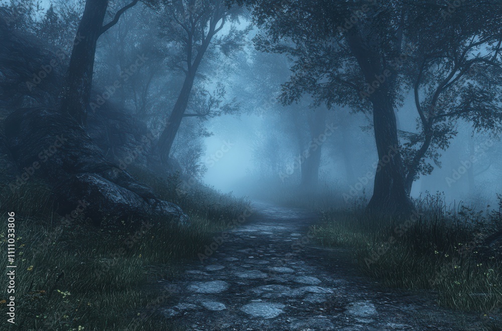 Serene Misty Pathway Through Lush Forest with Soft Fog Covering the Ground, Inviting Tranquility and Peaceful Nature Experience Serene Misty Pathway Through Lush Forest with Soft Fog Covering the Ground, Inviting Tranquility and Peaceful Nature Experience