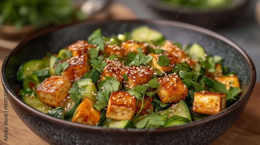 Bowl of Tofu, Zucchini, and Cilantro Salad with Sesame Seeds Bowl of Tofu, Zucchini, and Cilantro Salad with Sesame Seeds