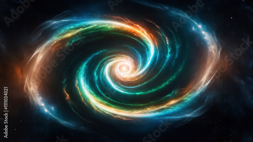 A mesmerizing cosmic vortex of golden and teal light spiraling infinitely, symbolizing the infinite energy and interconnectedness of the universe.