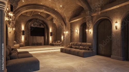 Luxurious Modern-Medieval Home Theater with Plush Seating and Immersive Cinematic Experience