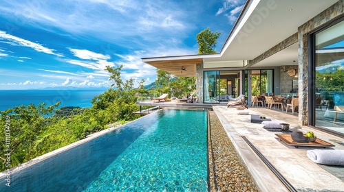 Luxurious Modern Villa with Infinity Pool Overlooking Stunning Ocean and Lush Green Landscape on a Bright Sunny Day