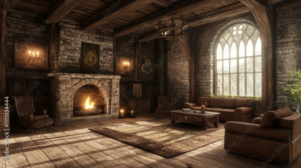 Enchanting Fusion: Modern-Medieval Cozy Den with Stone Fireplace and Ultra-Detailed Decor | Photorealistic Interior Design Enchanting Fusion: Modern-Medieval Cozy Den with Stone Fireplace and Ultra-Detailed Decor | Photorealistic Interior Design