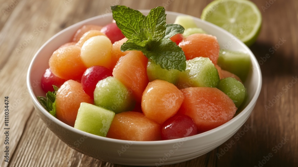 Photo of, A refreshing fruit salad with watermelon, cantaloupe Photo of, A refreshing fruit salad with watermelon, cantaloupe